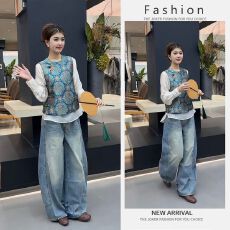 批发春季一整套女装2026新款新中式<b class='q'>马甲</b>外套长袖衬衫阔腿牛仔裤三件套