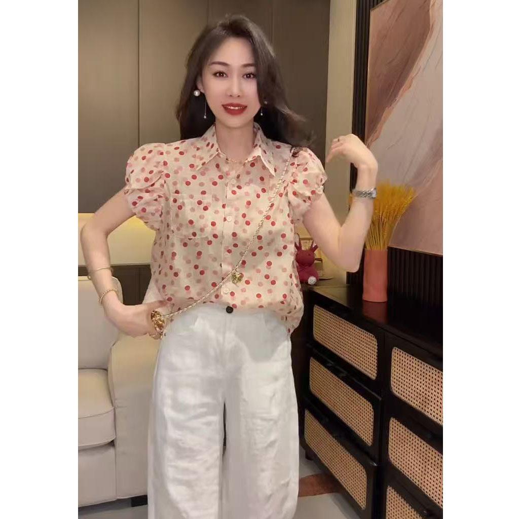 여름 새로운 도트 무늬 디자인 센스 여성 셔츠 루즈핏 다용도 연령 감소 품격 다용도 슬림해 보이는 맨위