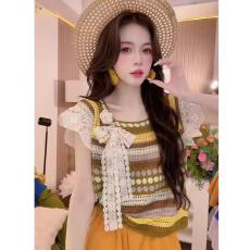 批发超火小众不撞款套装女夏季波西米亚风撞色钩花<b class='q'>蕾丝</b>花边袖短款上衣