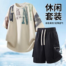 批发新款<b class='q'>夏</b>季男士中国风T恤五分裤工装国潮休闲运动百搭刺绣圆领套装