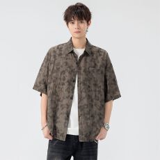 批发新款夏季翻领衬衫亲肤宽松扎染印花短袖男女同款百搭休闲上衣寸衣