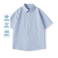 批发夏季男士翻领短袖休闲衬衫牛津条纹潮流百搭潮牌透气寸衣外穿上衣