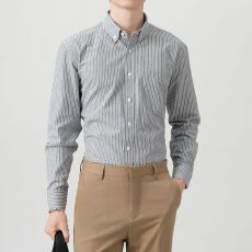 批发纯棉条纹商务衬衫男士休闲长袖衬衣春秋职业修身免烫抗皱内搭上衣