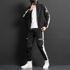 批发跨境爆款秋冬<b class='q'>男士</b><b class='q'>休闲</b>运动套装反光条夹克外套上衣<b class='q'>长裤</b>子两件套男