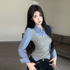 批发美式辣妹假两件格子拼接翻领长袖<b class='q'>衬衫</b>时尚复古气质百搭<b class='q'>显瘦</b>上衣女