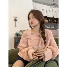 批发设计感小众心机露肩毛衣女春秋冬宽松粉色针织衫上衣