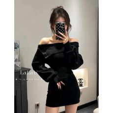 批发巨好看赫本风绝美显身材包臀裙女<b class='q'>秋</b>气质收腰黑色一字肩露肩连衣裙