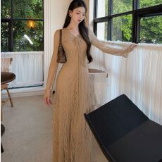 批发小丽 拾雾山雨法式喇叭袖针织长裙收腰包臀鱼尾裙蕾丝v领连衣裙