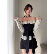 批发灰色一字肩拼接<b class='q'>长袖</b><b class='q'>衬衫</b>女早秋新款纯欲风收腰显瘦露肩修身上衣