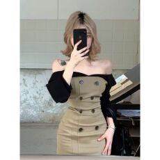 批发拼接假两件露肩长袖连衣<b class='q'>裙</b>女秋季紧身收腰<b class='q'>裙</b>子设计感辣妹包臀短<b class='q'>裙</b>