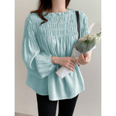 批发韩国chic甜美别致<b class='q'>雪纺</b><b class='q'>衫</b>泡泡袖圆领女式秋季一字领褶皱设计衬衫女