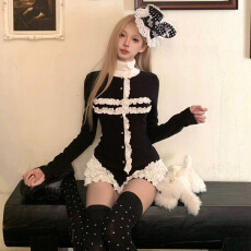 批发春秋新款<b class='q'>蕾丝</b>开衫上衣花边短裤子女萝莉辣妹<b class='q'>套装</b>