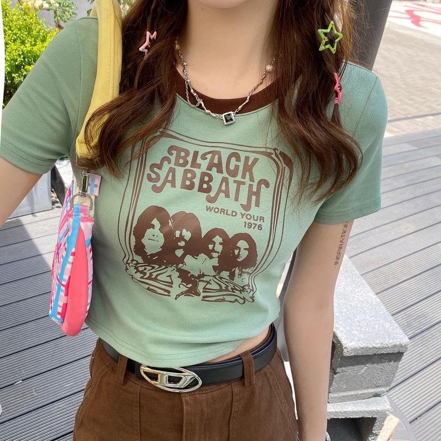 RY1286# 美式复古t恤女插肩短袖夏日多巴胺穿搭辣妹正肩显瘦短款