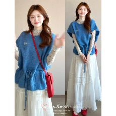 批发韩系穿搭蓝色抽绳<b class='q'>针织</b>马甲叠穿碎花打底女春季时尚高腰半身裙<b class='q'>套装</b>