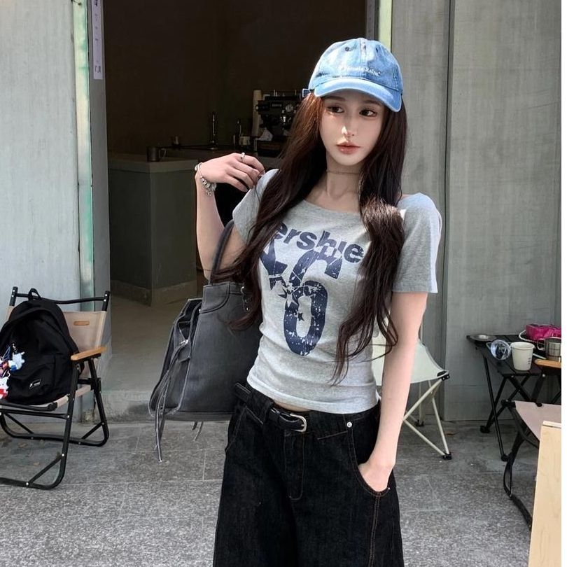 RY1291# 辣妹斜肩短袖t恤女夏季字母印花显瘦休闲性感斜领露肩一字肩上衣