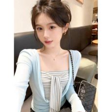 批发韩系设计感<b class='q'>长袖</b>绑带条纹抹胸两件套显瘦上衣2026春季新款百搭上衣