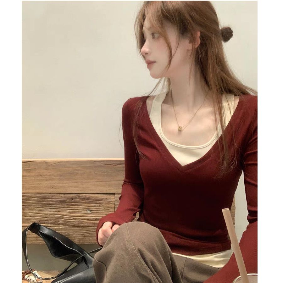 RY1289# 撞色设计感假两件长袖t恤女秋冬新款纯欲风露锁骨修身显瘦打底衫