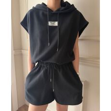 批发韩版简约气质字母贴布抽绳连帽<b class='q'>卫衣</b><b class='q'>女</b>夏季新款高腰休闲短裤套装