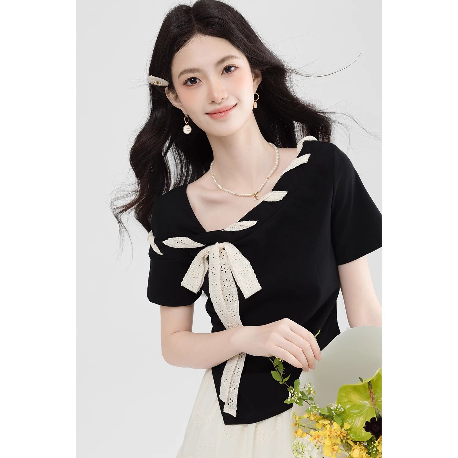 RY1287# 黑色斜肩短袖T恤女夏季独特绝美气质显瘦漂亮上衣