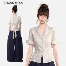 v领条纹古巴领收腰正肩短袖衬衫女夏掐腰半袖衬衣