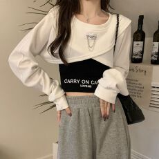 批发不规则<b class='q'>短款</b><b class='q'>卫衣</b>女春秋小个子正肩美式欧货国风长袖上衣吊带两件套