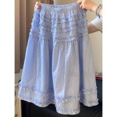 批发春款韩风木耳边减龄格子半身裙<b class='q'>中长款</b>百搭高腰大裙摆a字裙