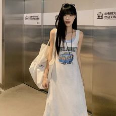 批发无袖印花假两件背心<b class='q'>连衣裙</b>女夏设计感a字长裙