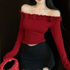 批发春秋上新性感辣妹风黑色一<b class='q'>字</b>露肩木耳边长袖修身收腰好看打底上衣