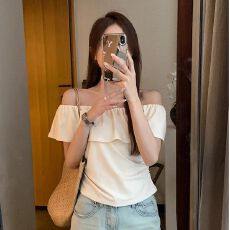 批发荷叶边独特高级感一字露肩<b class='q'>短袖</b><b class='q'>T</b><b class='q'>恤</b>女夏季新款甜美修身内搭小上衣