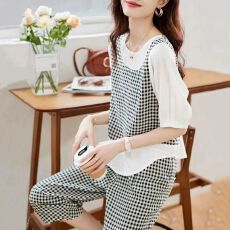 批发2026夏季新款时尚韩版显瘦百搭<b class='q'>格子</b>拼接七分裤+圆领T恤<b class='q'>套装</b>女潮