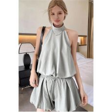 批发2026新款夏季无袖花苞露肩挂脖背心上衣女阔腿灯笼<b class='q'>短裤</b>裙两件<b class='q'>套装</b>