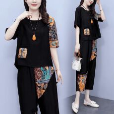 批发夏季<b class='q'>妈妈</b><b class='q'>装</b>棉麻<b class='q'>新中式</b>时尚洋气圆领短袖上衣休闲七分裤套<b class='q'>装</b>两件套