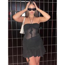 批发<b class='q'>欧美</b>网纱拼接挂脖无袖黑色抹胸<b class='q'>连衣裙</b>女2025新款紧身包臀短裙子