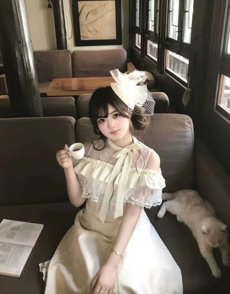 청 순수한 시스템 부드러운 우아함 롱 스커트 데이트 착용 가져 가라. 오프숄더 레이스 일본식 드레스