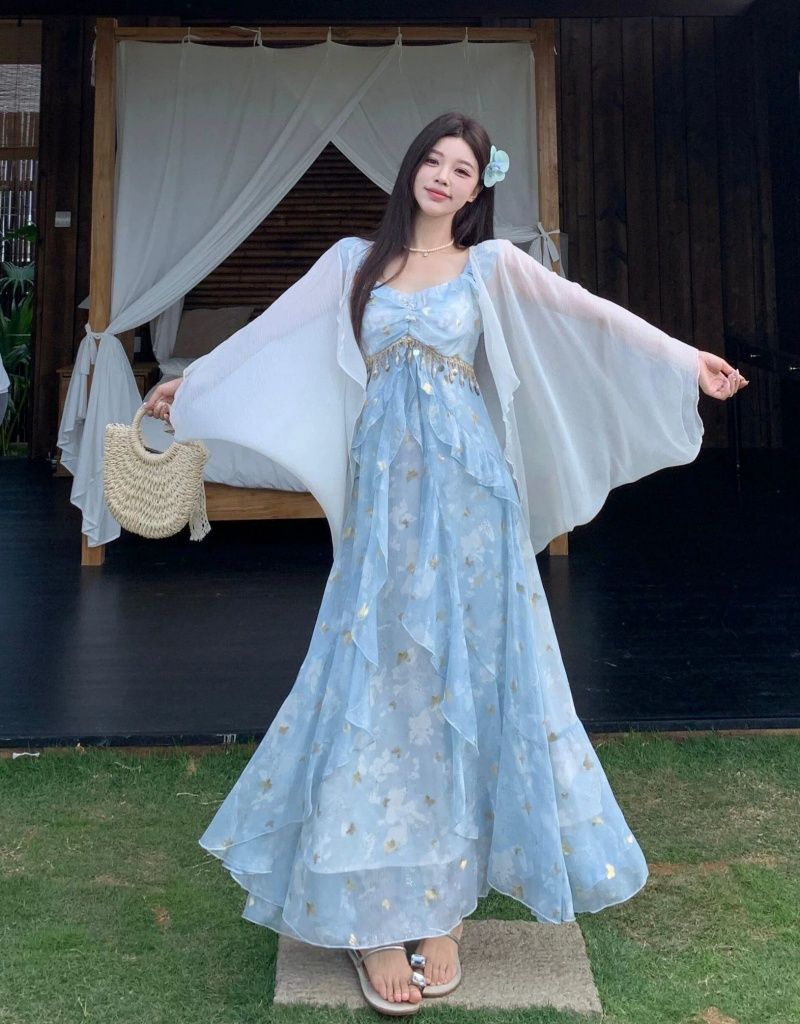 프랑스식 차 휴식 파란색 슬립 드레스 여성 여름 여행 해변가 휴가 해변 달콤함 일몰 빅 사이즈 드레스
