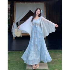 批发法式茶歇蓝色吊带裙女夏季旅游海边度假沙滩甜美日落大码<b class='q'>连衣裙</b>