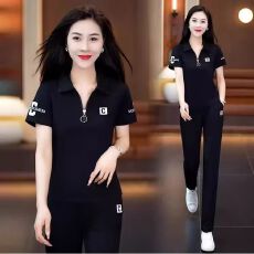 批发新款休闲时尚妈妈套装女<b class='q'>夏季</b>洋气减领显瘦翻领短袖<b class='q'>运动服</b>俩件套潮