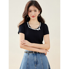 批发实拍有2026夏季新款方领修身显瘦时尚短袖<b class='q'>T</b><b class='q'>恤</b>针织衫上衣