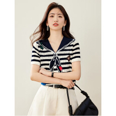 批发实拍有2026夏季新款海军领冰丝短袖T恤小众套头上衣女