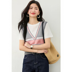 批发实拍2026新款韩系设计感假两件撞色条纹短袖<b class='q'>T</b><b class='q'>恤</b>圆领针织衫上衣