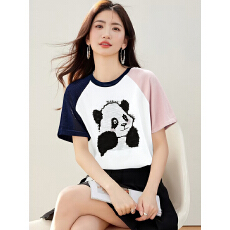 批发实拍有2026夏季设计感熊猫针织印花拼接插肩袖<b class='q'>T</b><b class='q'>恤</b>上衣