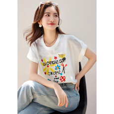 批发实拍竹节麻轻薄短袖女2026夏款韩版宽松<b class='q'>花朵</b>字母印花T恤针织衫