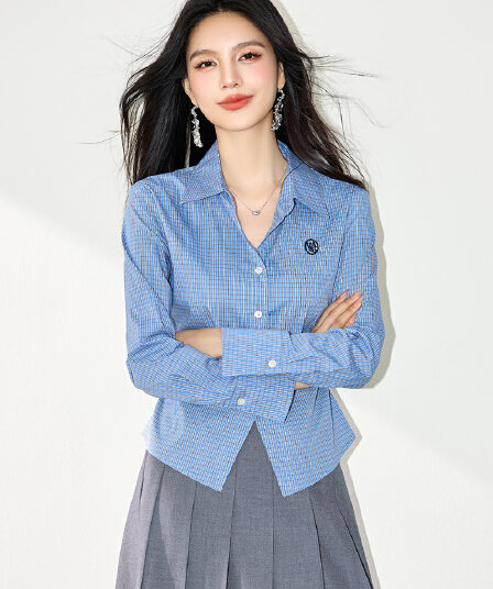 실사 파란색 여성 셔츠 2026 년 가을 새로운 허리 수축 프랑스식 몸매 가꾸기 긴팔 체크무늬 맨위
