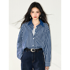 批发实拍复古深蓝条纹长袖衬衫女2026春季新款款宽松休闲<b class='q'>上衣</b>