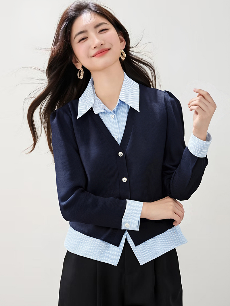 실사 2026 새로운 학원 스타일 페이크 레이어드 스트라이프 polo 셔츠 칼라 맨위 스택 착용 여성 후드티
