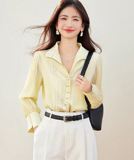 실사 질감 센스 작은 폴로 칼라 여성 셔츠 2026 가을 레트로 V넥 단추 긴팔 셔츠 작은 대중 디자인 센스