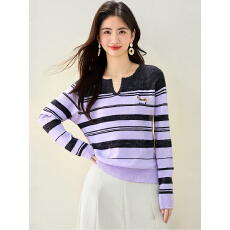批发2025秋冬时尚百搭圆领撞色条纹针织衫女韩系<b class='q'>正品</b>长袖上衣潮