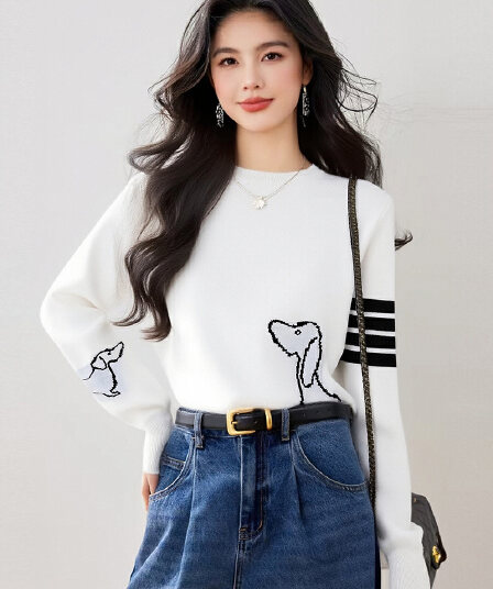 한 부서 학원 강아지 자카드 라운드 넥 양모 혼방 스웨터 여자 루즈핏 슬림해 보이는 다용도 니트 스웨터 맨위