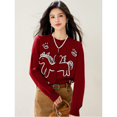 批发新春韩系甜美风减龄可爱个性小马<b class='q'>刺绣</b>红色针织开衫女长袖百搭毛衣