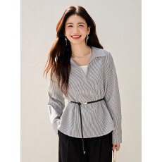 批发设计V领<b class='q'>收腰</b>条纹宽松衬衫女秋季新款气质通勤上衣